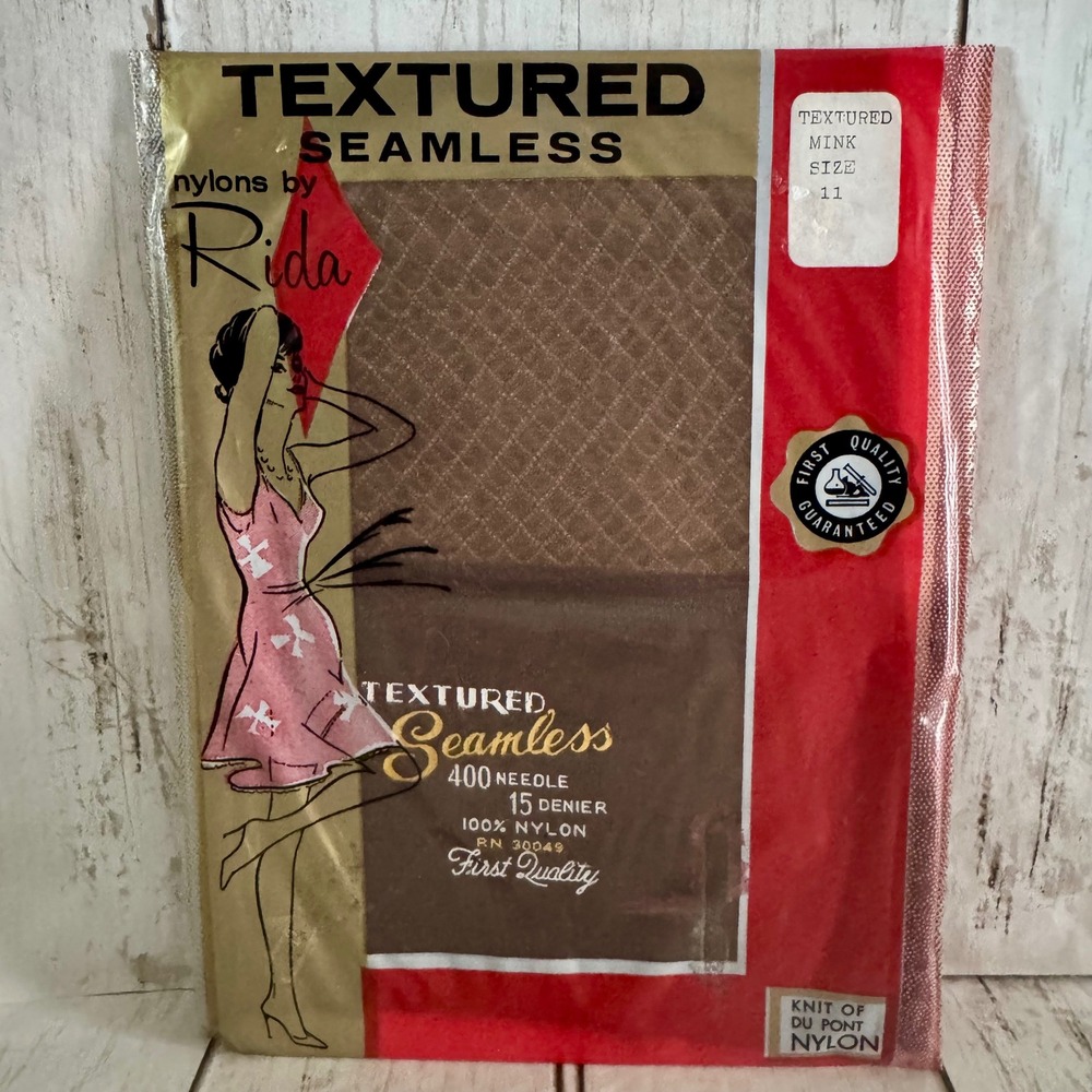 Vintage Rida Textured Seamless Nylons Mink Brown 15 Denier Stockings Size 11 NOS